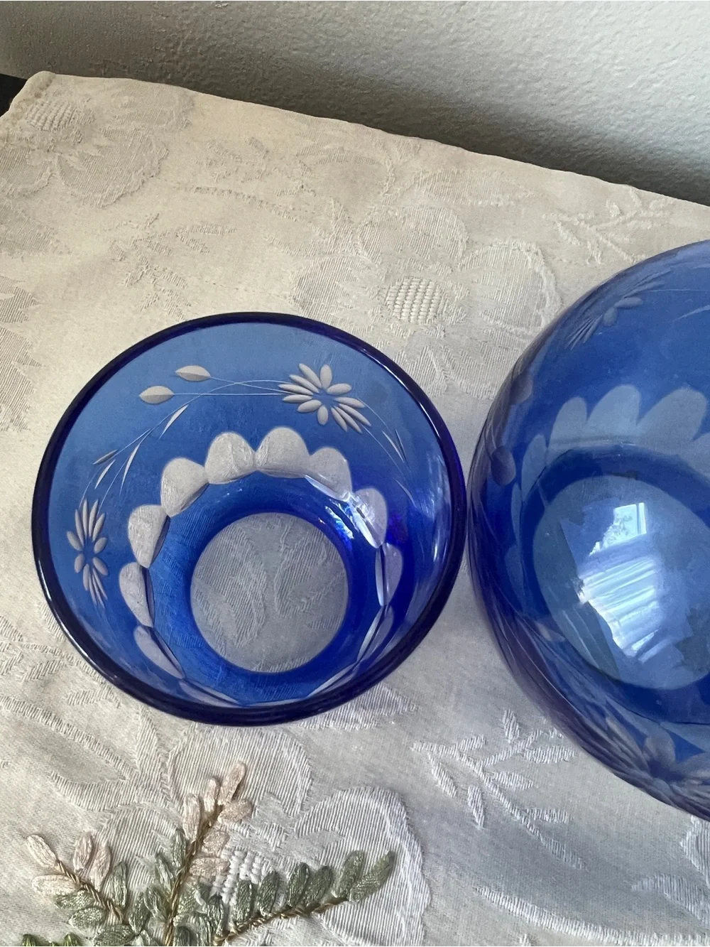 Vintage Bohemian Glass Cobalt Blue Cut To Clear 2pc Guest Water Set Tumblr Up